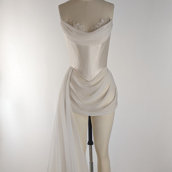 ANETTE | Pre-Order Off White Basque Waist Corset Embroidered Beaded Lace Draped Mini Long Cathedral Train Wedding Gown Dress Bridal