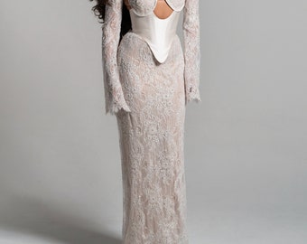 LILY | Pre-Order Custom Duchess Silk Basque Waist Corset Beaded Chantilly Lace Column Skirt Removable Sleeves Wedding Gown Dress Bridal