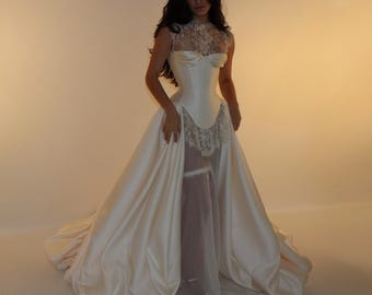 VIOLET + JULIETTE | Pre-Order Custom Bridal Cream Ivory Off White French Chantilly Lace Silk Corset Overskirt Gown Dress