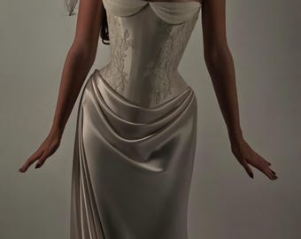ELENA | Pre-Order Custom Bridal Cream Ivory Off White French Chantilly Lace Silk Satin Corset Draped Skirt Dress Gown