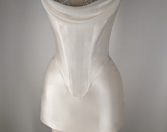 KATE | Pre-Order Cream Pearl White Duchess Satin Corset Draped Neckline Beaded Lace Crystal Embroidered Cups Mini Skirt Dress