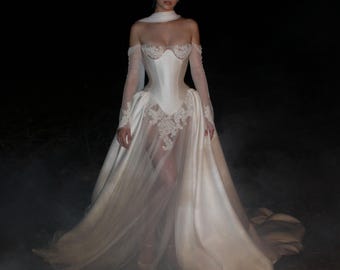 ROMI + JULIETTE | Pre-Order Custom Bridal Cream Ivory Off White French Lace English Net Satin Corset Overskirt Dress Gown