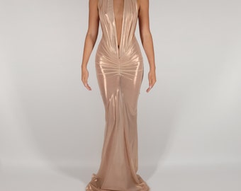 PRE-ORDER Custom Gold Champagne Metallic Sheer Stretch Mesh Halter Toga High Slit Low Deep V Long Backless Gown Dress