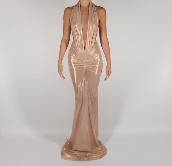 PRE-ORDER Custom Gold Champagne Metallic Sheer Stretch Mesh Halter Toga High Slit Low Deep V Long Backless Gown Dress - Etsy PRE-ORDER Custom Gold Champagne Metallic Sheer Stretch Mesh Halter Toga High Slit Low Deep V Long Backless Gown Dress - Etsy