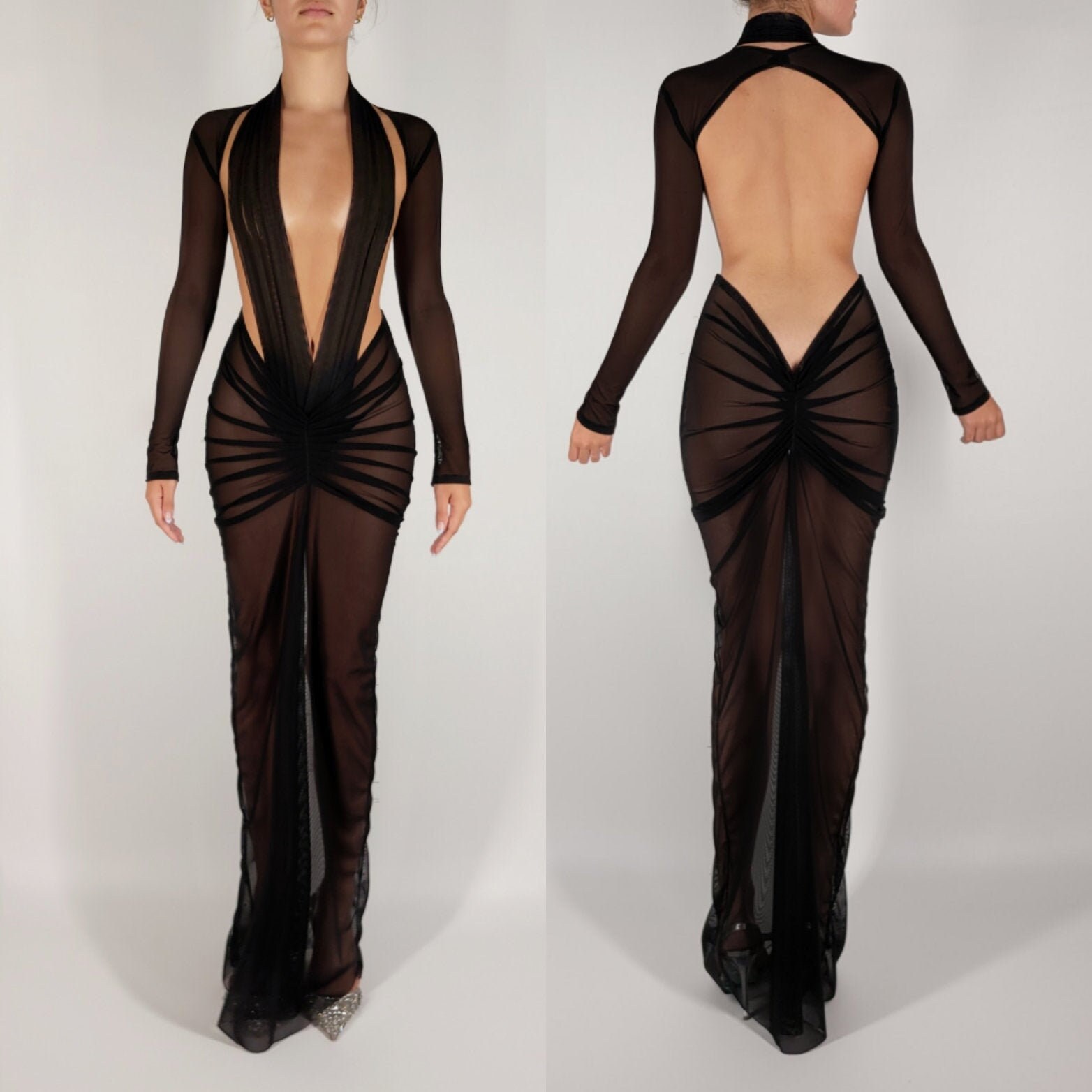 Custom Black Sheer Mesh Backless Deep V Long Sleeves Toga Dress