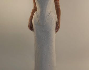 AUDREY | Pre-Order Custom Bridal Cream French Lace Basque Waist Off Shoulder Corset Column Skirt Dress