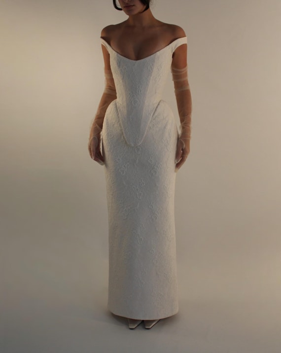 Audrey | Pre-Order Custom Bridal Cream French Lace Basque Waist Off Shoulder Corset Column Skirt Dress