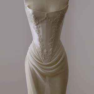 ALI | Pre-Order Handmade Bridal Pearl Off White Crystal Lace Corset Draped Chiffon Sheer Mesh High Slit Wedding Gown Reception Dress