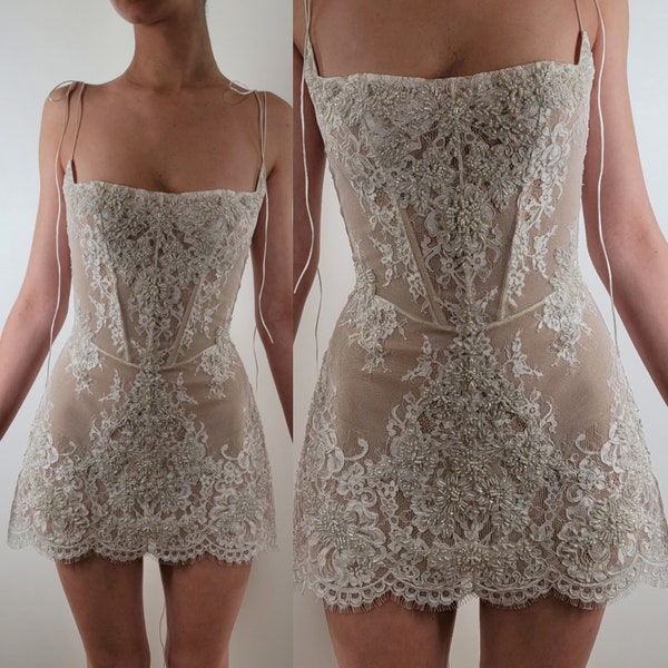 Pre-Order Custom Bridal Cream Off White French Chantilly Lace Sheer Corset Mini Straight Neckline Pearl Crystal Embroidered Mini Dress