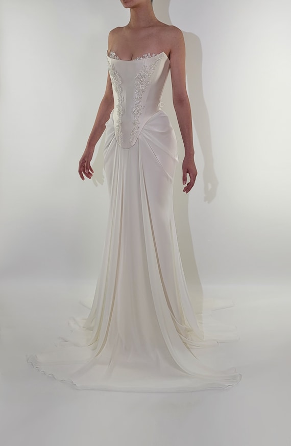 white christmas dresses Sparkly Pearl Rhinestone Tulle Strapless Illusion Corset Bridal Gown main image 0