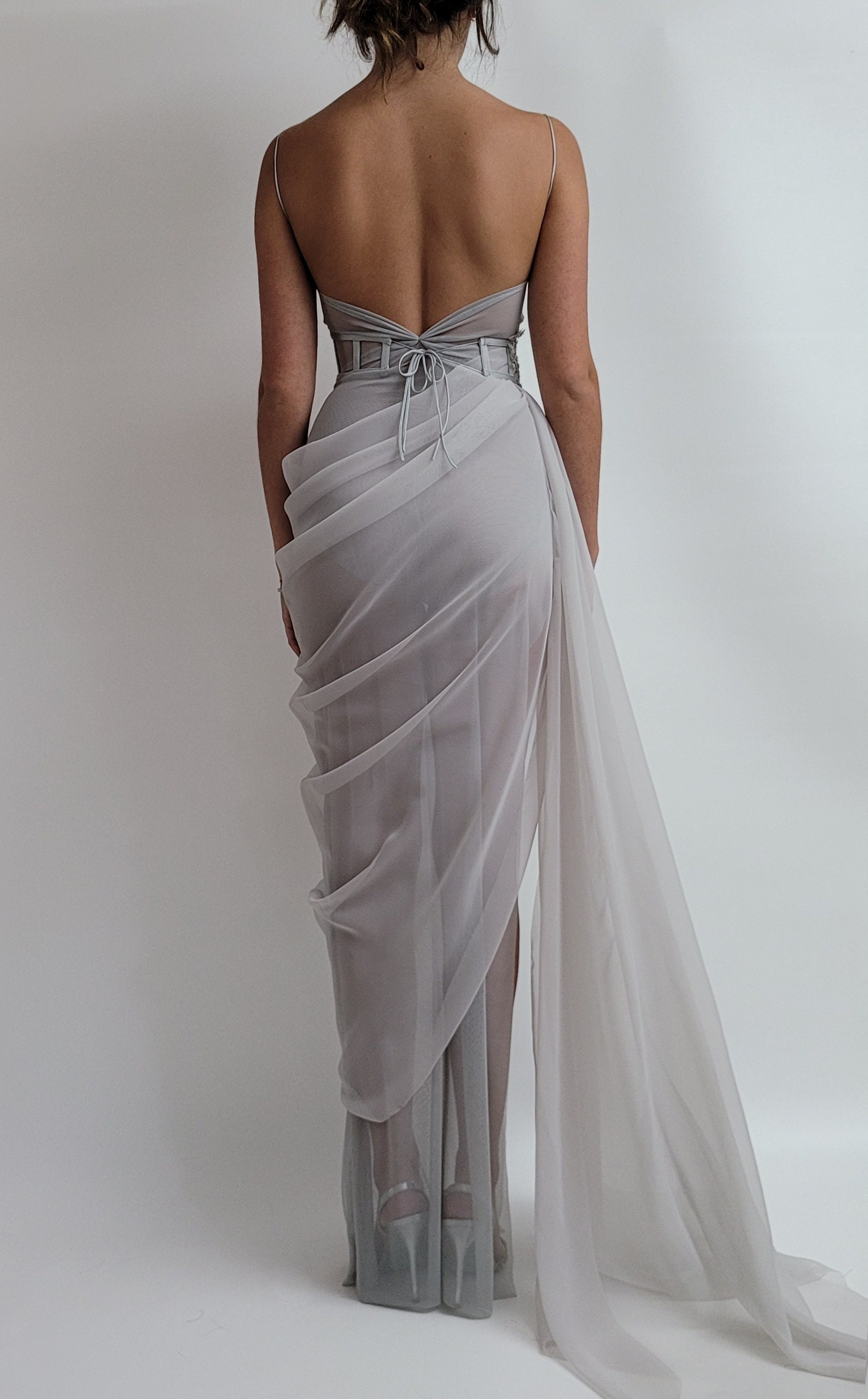 SIA | Pre-order Handmade Draped Gray Silver Blue Chiffon