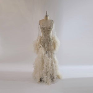 ANA | Pre-Order Custom Cream White Sheer Mesh Diamond Crystal Beaded Hand Embroidered Hand Dyed Feather Gown