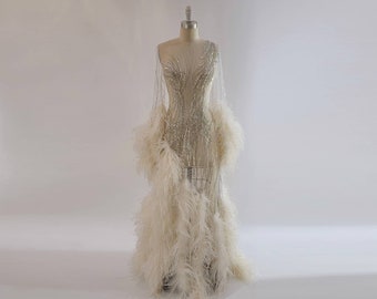 Pre-Order Custom Cream White Sheer Mesh Diamond Crystal Beaded Hand Embroidered Hand Dyed Feather Gown