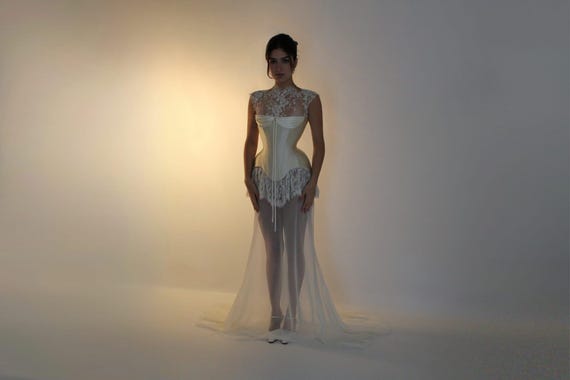 Violet + Willow | Pre-Order Custom Bridal Cream Ivory Off White French Chantilly Lace Silk Corset Mini Dress