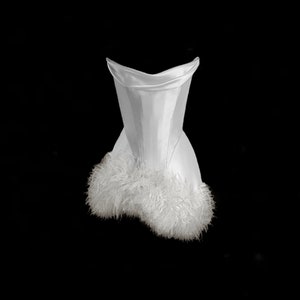 LIV | Pre-Order Custom Bridal Off White Pearl Silk Satin Draped Corset Ostrich Feathers Two Piece Top Mini Skirt Dress Wedding Reception