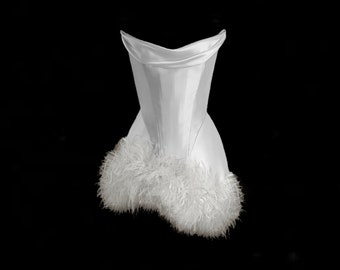 PRE-ORDER CUSTOM Bridal  Off White Pearl Silk Satin Draped Corset Ostrich Feathers Two Piece Top Mini Skirt Dress Wedding Reception