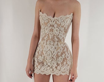 MARIE | Pre-Order Limited Vintage Aged French Corded Chantilly Bridal Lace Cream Off White Sheer Corset Beaded Pearl Embroidered Mini Dress