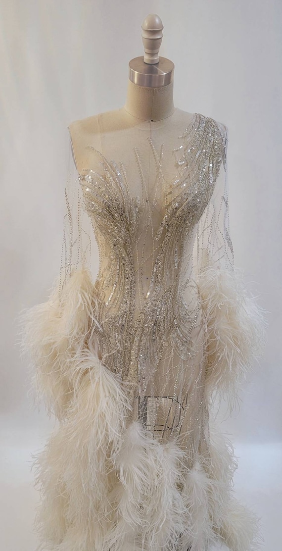 ANA | Pre-Order Custom Cream White Sheer Mesh Diamond Crystal Beaded Hand Embroidered Hand Dyed Feather Gown