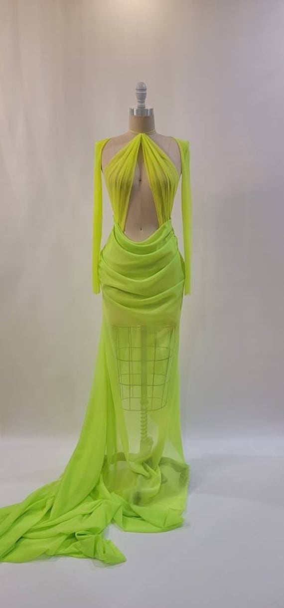 Bea | Pre-Order Custom Neon Lime Yellow Green Sheer Stretch Mesh Halter Bodysuit Draped Chiffon Long Sleeves Backless Gown Dress