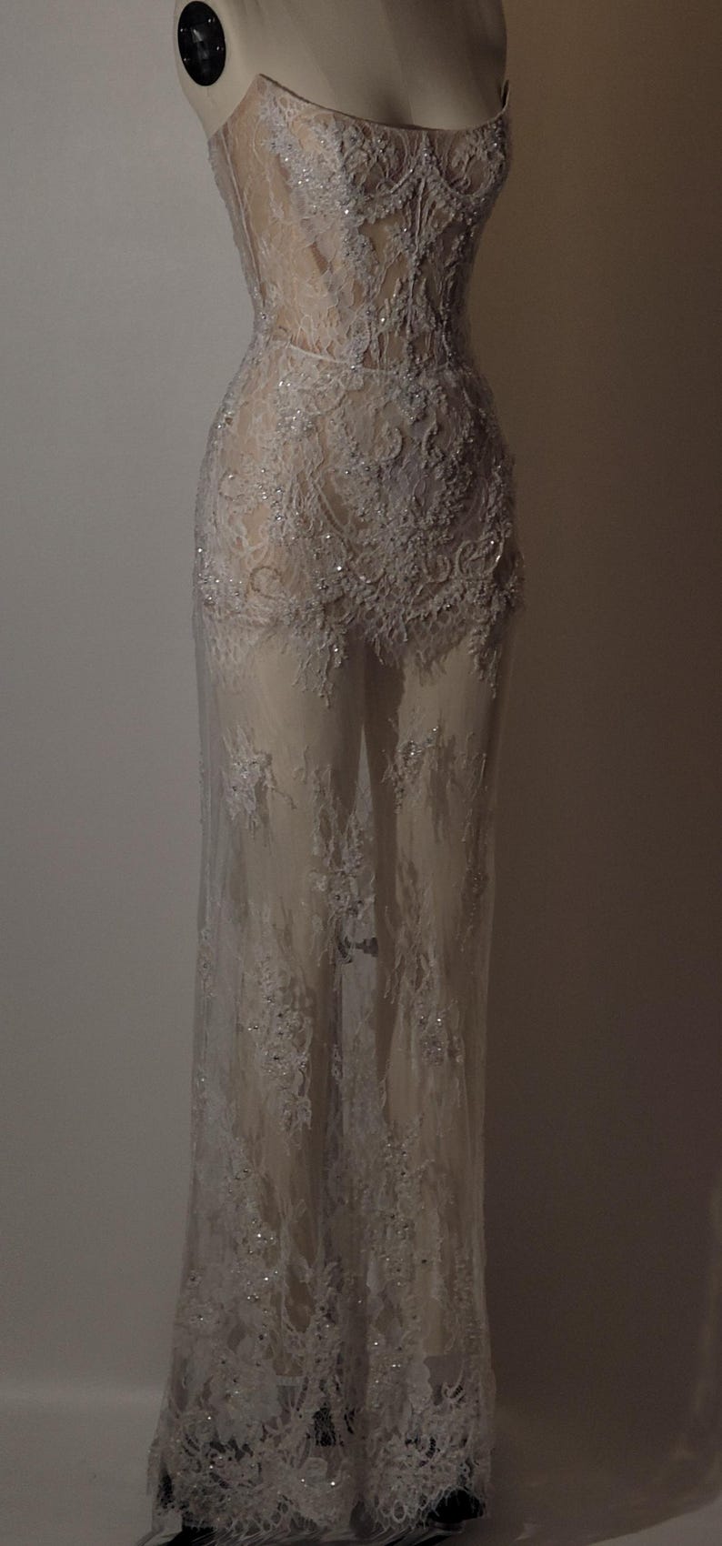 May include: A white, sheer, beaded, lace gown with a fitted bodice and a flowing skirt.