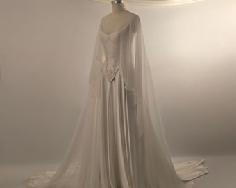 LUNA | Pre Order Custom Bridal Basque Waist Off White Ivory Beaded Lace Corset Gown Silk Satin A Line Gown Sheer Chiffon Shawl