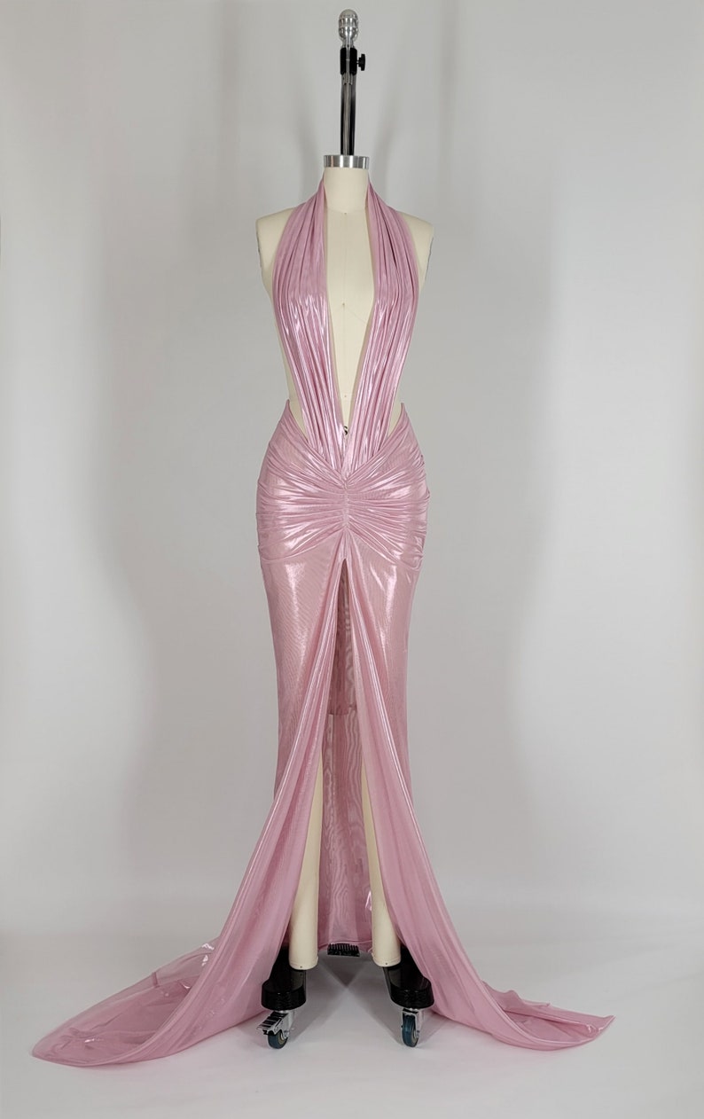 ORA | Pre Order Custom Gold Champagne Metallic Sheer Stretch Mesh Halter Toga High Slit Low Deep V Long Backless Gown Dress image 9