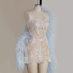 UMA | Pre-Order Custom Bridal Beaded Off White French Chantilly Lace Sheer Corset Baroque Pearls Crystal Embroidered Mini Dress Ostrich Boa