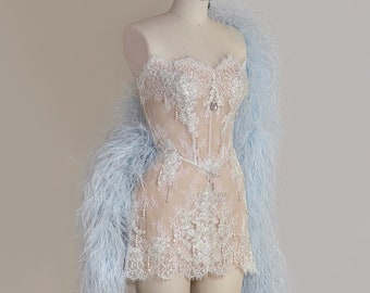 UMA | Pre-Order Custom Bridal Beaded Off White French Chantilly Lace Sheer Corset Baroque Pearls Crystal Embroidered Mini Dress Ostrich Boa