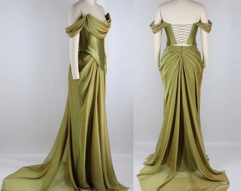 PRE ORDER Handmade Draped Olive Moss Green Chartreuse Chiffon Silk Satin Corset Gown Dress