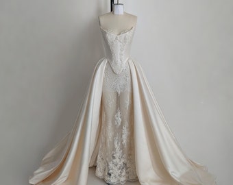 SOPHIA | Pre-Order Custom Duchess Silk Beaded Chantilly Lace Basque Waist Off Shoulder Corset A Line Removable Over Skirt Wedding Gown