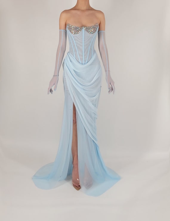 chiffon draped corset dress Handmade Draped Chiffon Evening Dresses Corset Beaded Dress SF306 main image 1