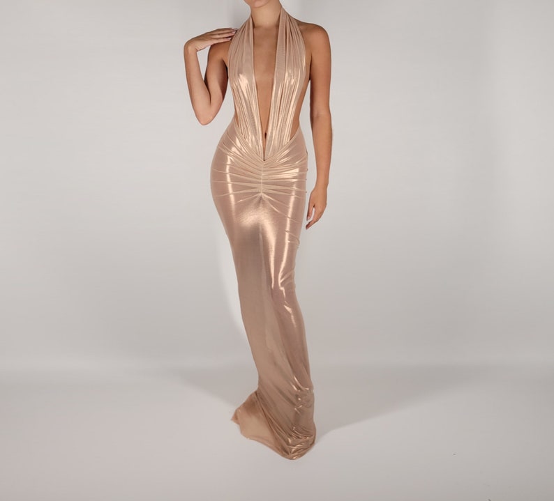 ORA | Pre Order Custom Gold Champagne Metallic Sheer Stretch Mesh Halter Toga High Slit Low Deep V Long Backless Gown Dress image 5