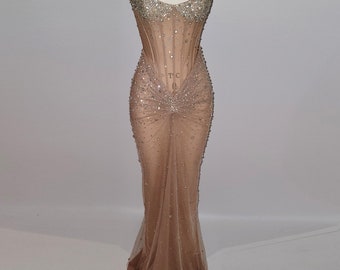 JIA | Pre-Order Custom Sheer Nude Mesh Diamond Crystal Beaded Hand Embroidered Corset Gown