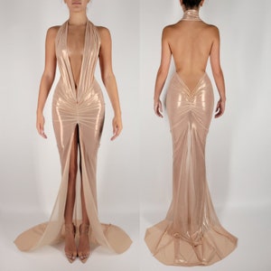 ORA | Pre Order Custom Gold Champagne Metallic Sheer Stretch Mesh Halter Toga High Slit Low Deep V Long Backless Gown Dress image 2