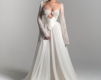 ALEXANDRIA | Pre-Order Duchess Basque Waist Corset Belt Beaded Chantilly Lace Bralette A Line Chiffon Skirt Removable Sleeves Bridal Dress