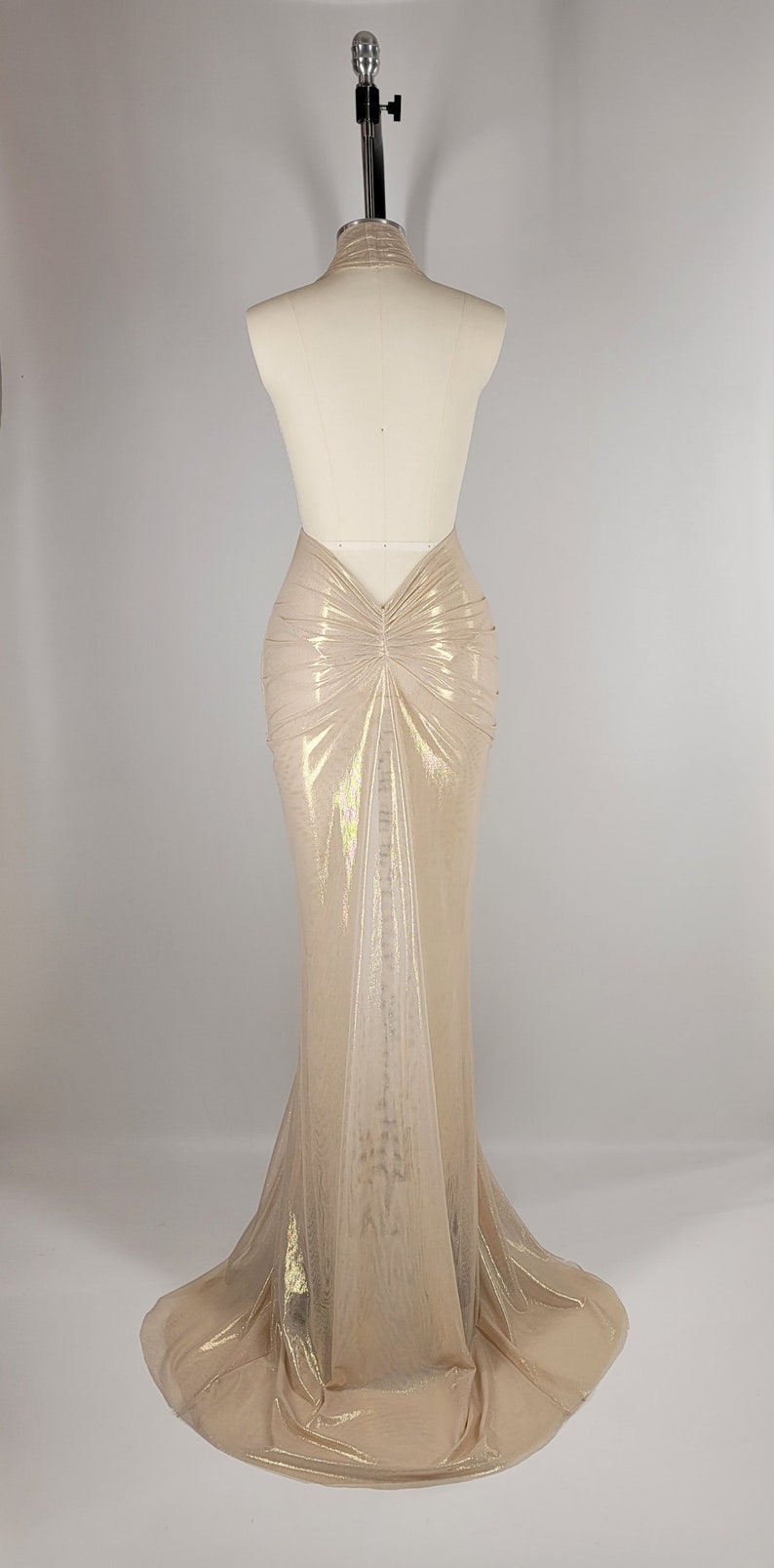 ORA | Pre Order Custom Gold Champagne Metallic Sheer Stretch Mesh Halter Toga High Slit Low Deep V Long Backless Gown Dress image 8