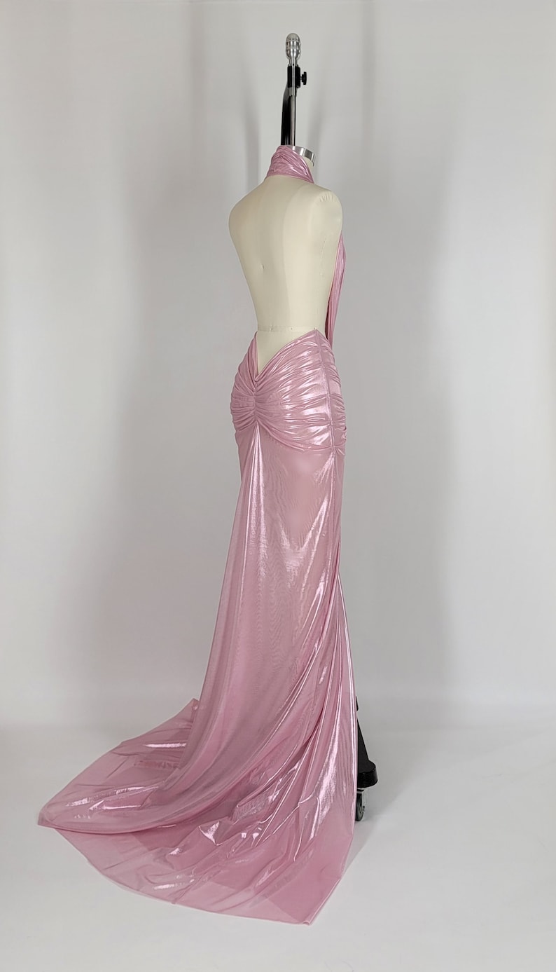 ORA | Pre Order Custom Gold Champagne Metallic Sheer Stretch Mesh Halter Toga High Slit Low Deep V Long Backless Gown Dress image 10