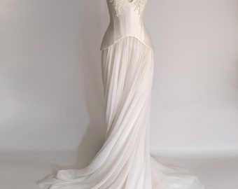 GRACE | Pre-Order Pearl Off White Chiffon Scallop Corset Plunge Neckline Embroidered Lace Wedding A Line Gown Dress Formal Bridal Cathedral