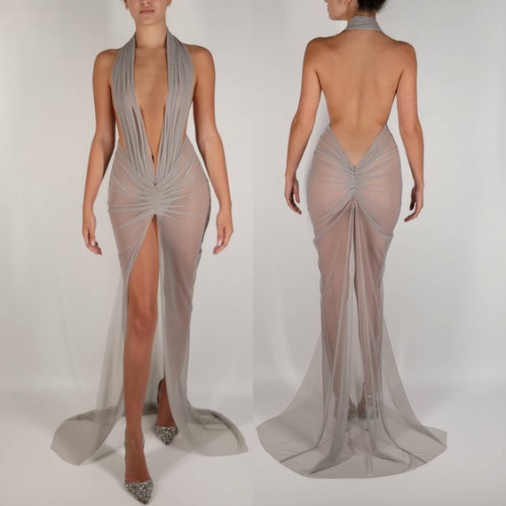 Pre-order Custom Grey Smoke Sheer Stretch Mesh Halter Bodysuit Draped Long  Sleeves Backless Gown Dress 