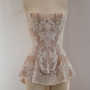MIA | Pre-Order Bridal Cream Off White French Chantilly Lace Sheer Corset Low Back Hand Beaded Pearl Crystal Embroidered Mini Dress