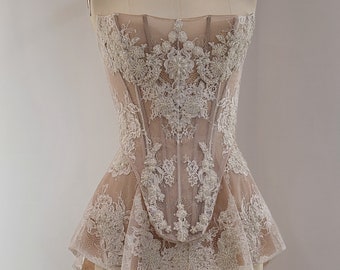 MIA | Pre-Order Bridal Cream Off White French Chantilly Lace Sheer Corset Low Back Hand Beaded Pearl Crystal Embroidered Mini Dress