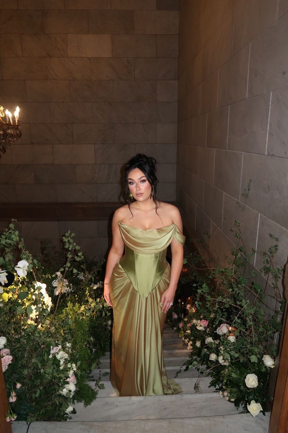 ★★ ★★ Here Olive Satin Strappy Top J222903 LD EMA | Pre-order Handmade Draped Olive Moss Green Chiffon