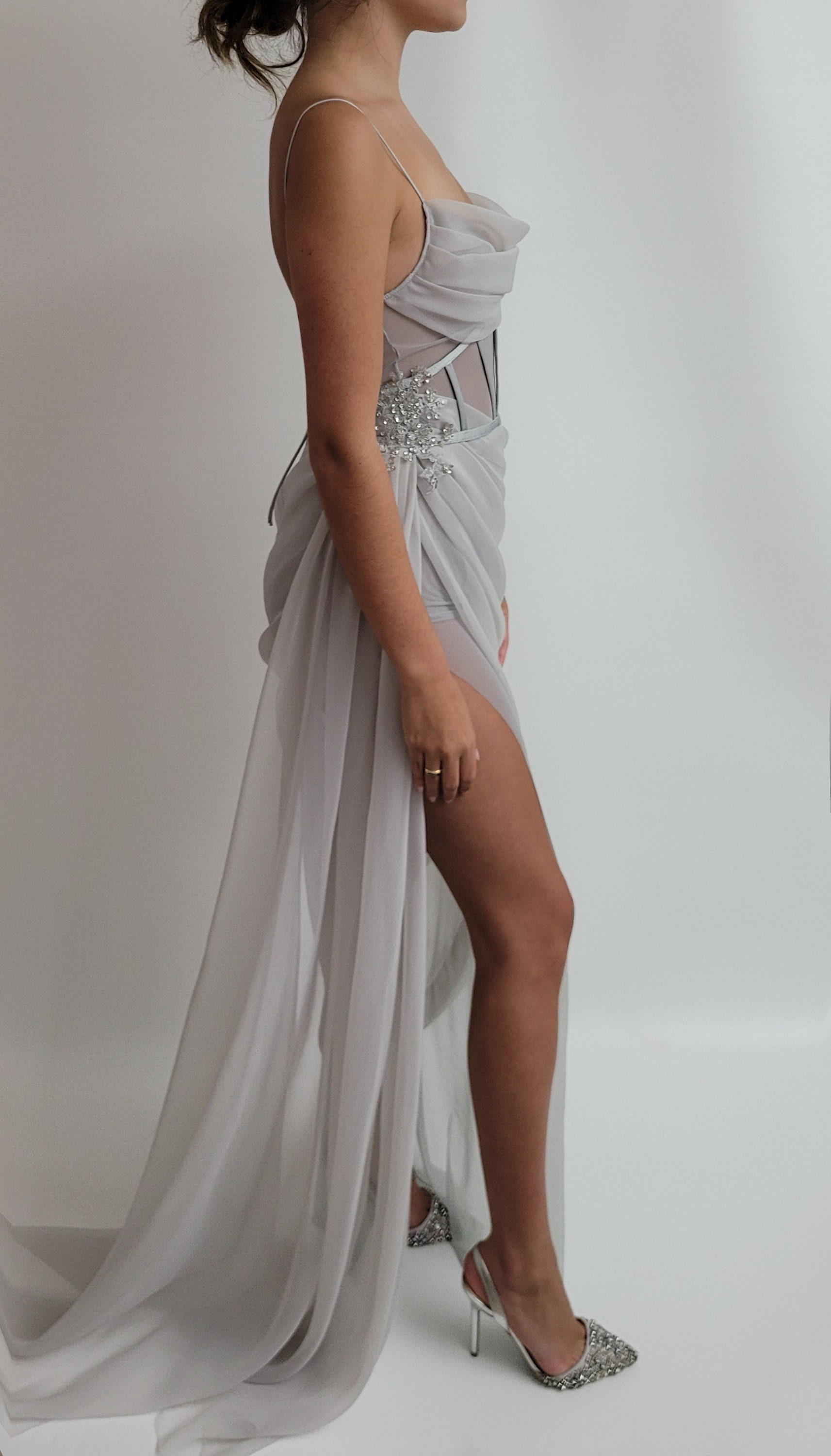 SIA | Pre-Order Handmade Draped Gray Silver Blue Chiffon Sheer Mesh Corset High Slit Lace Embroidered Dress Formal Prom Bridal Bridesmaids