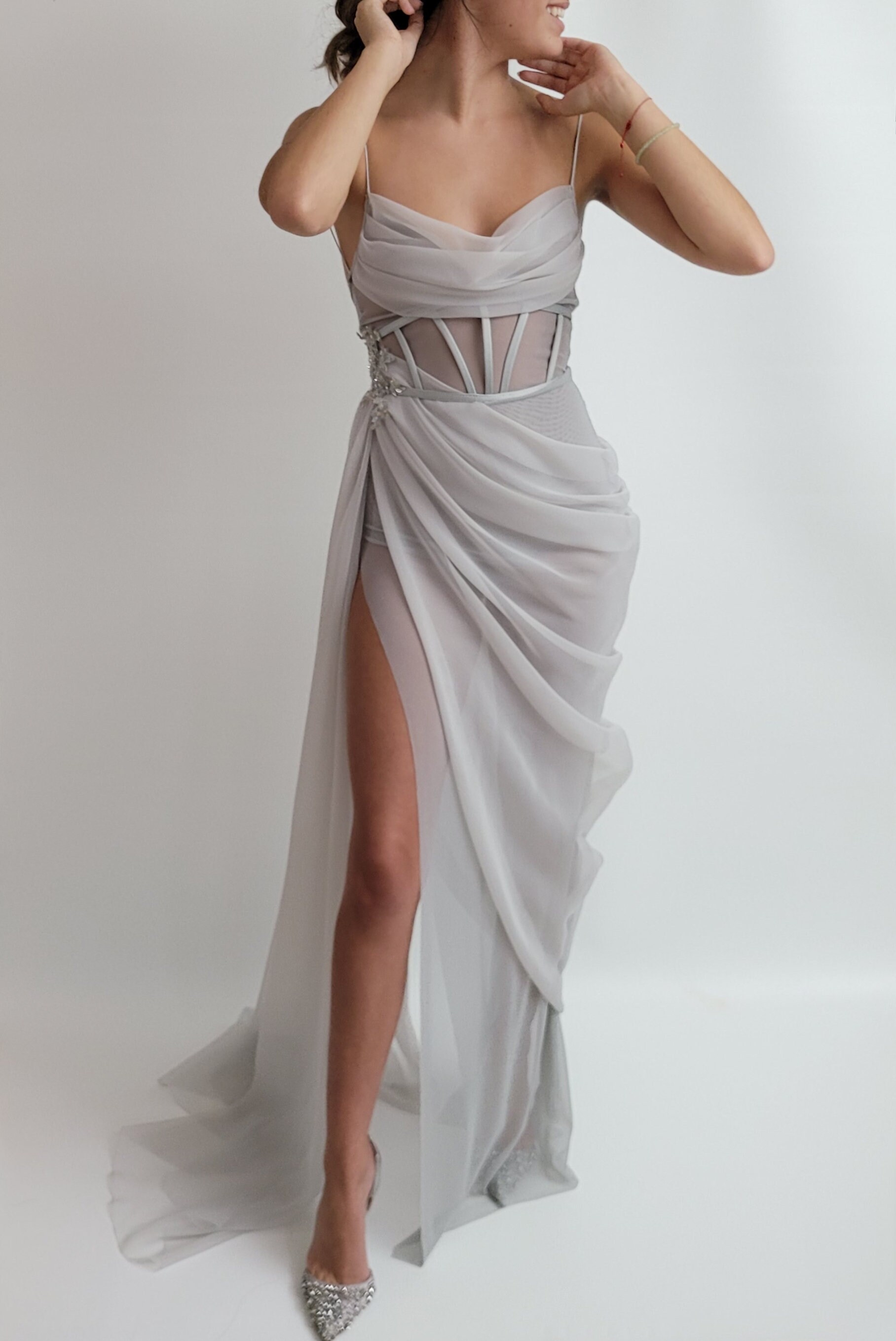 sheer grey dress Angelic Light Grey Tulle Off-shoulder Formal Dress