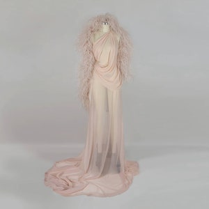 AMA | Pre-Order Handmade Draped Blush Pink Chiffon Sheer Mesh High Slit Crystal ostrich feathers Gown Dress Formal Prom Bridal Bridesmaids
