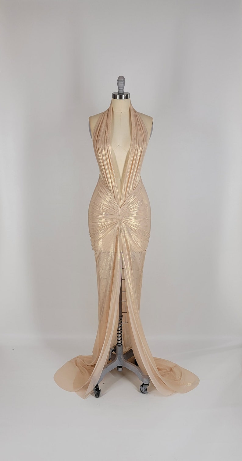 ORA | Pre Order Custom Gold Champagne Metallic Sheer Stretch Mesh Halter Toga High Slit Low Deep V Long Backless Gown Dress image 6