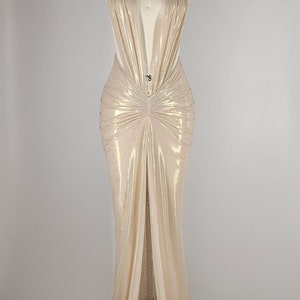 ORA | Pre Order Custom Gold Champagne Metallic Sheer Stretch Mesh Halter Toga High Slit Low Deep V Long Backless Gown Dress image 7