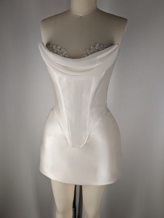 KATE | Pre-Order Cream Pearl White Duchess Satin Corset Draped Neckline Beaded Lace Crystal Embroidered Cups Mini Skirt Dress