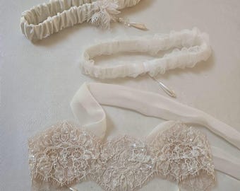 BRIDAL GARTER | Pre-Order Bridal Off White Silk Satin French Chantilly Lace Sheer Chiffon Hand Beaded Pearl Glass Bead Embroidered Garter