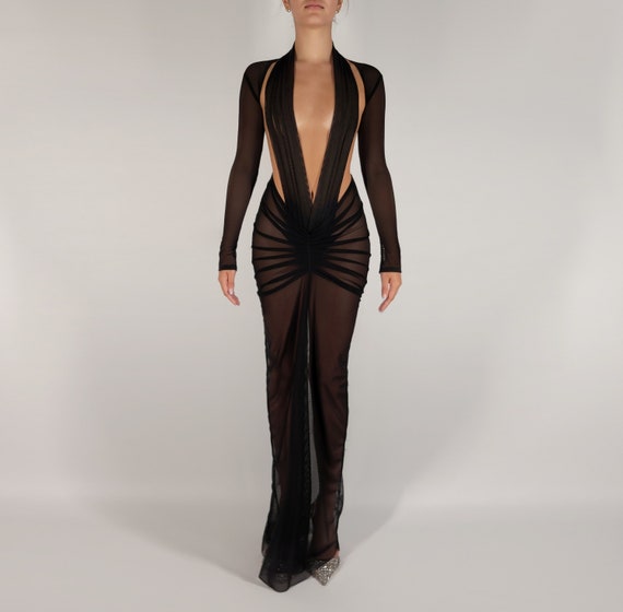 AVA | Pre-order Custom Black Sheer Mesh Backless Deep V Long Sleeves Toga  Dress - Etsy